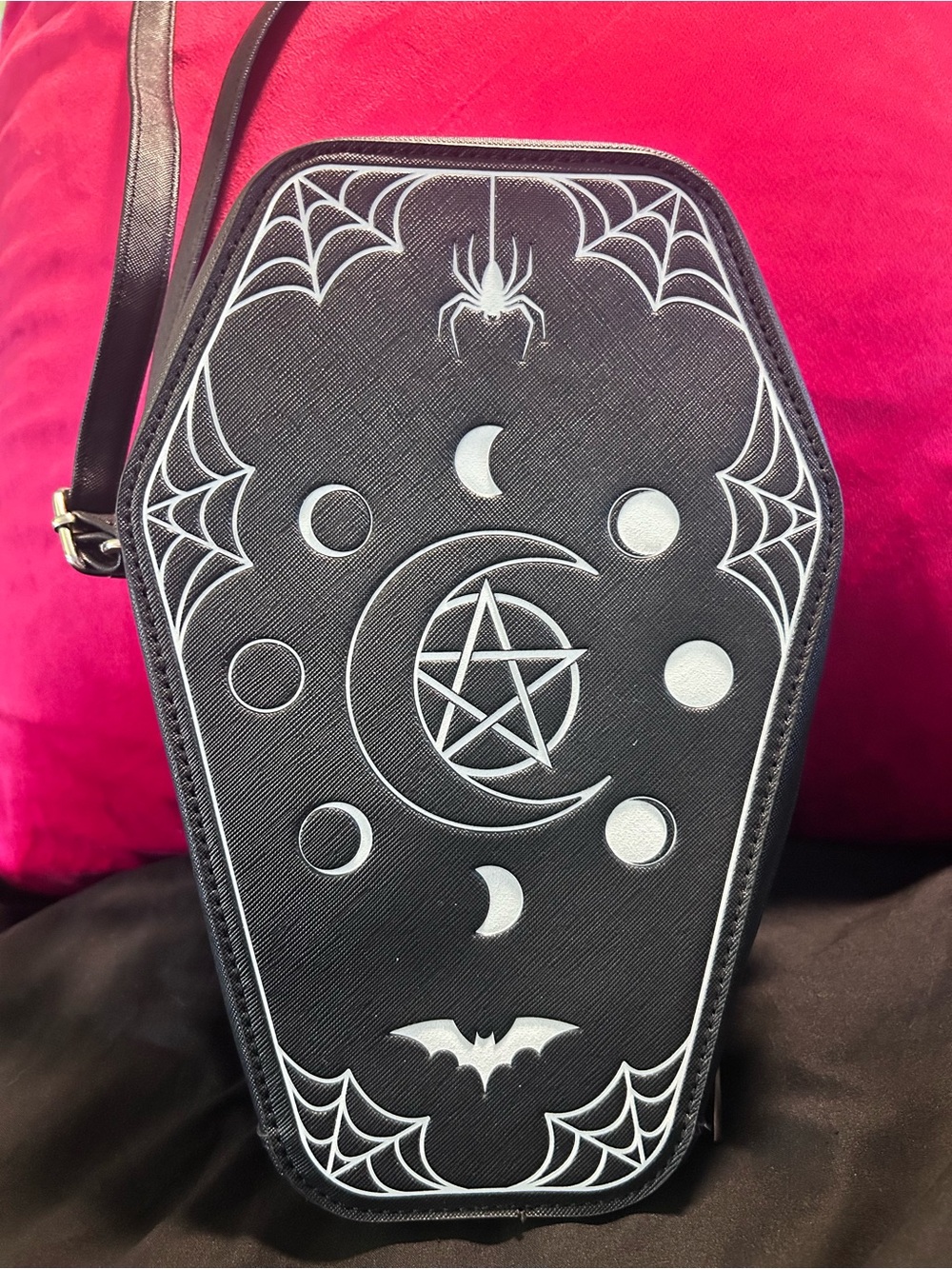 Black Coffin Crossbody Bag with Moon & Pentagram Design